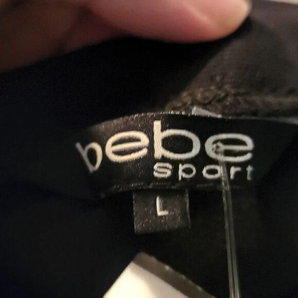 Bebe Sport Ladies Sz Large Black Short Sleeve Logo Shirt with Mesh Panel Sleeves - Picture 5 of 6